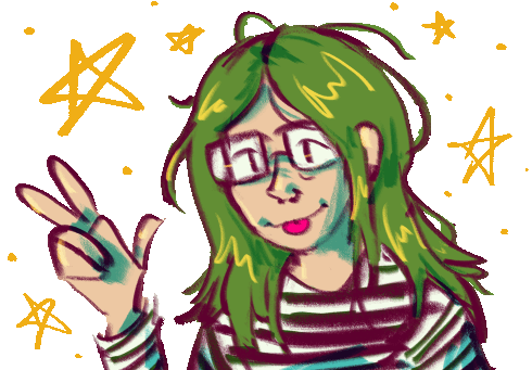 an illustration of a person with shaggy green hair, glasses, and a striped shirt. they are making a peace sign.
